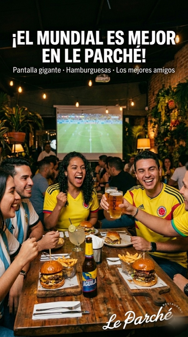 Promoción del Mundial en Le Parché con pantalla gigante, hamburguesas y amigos